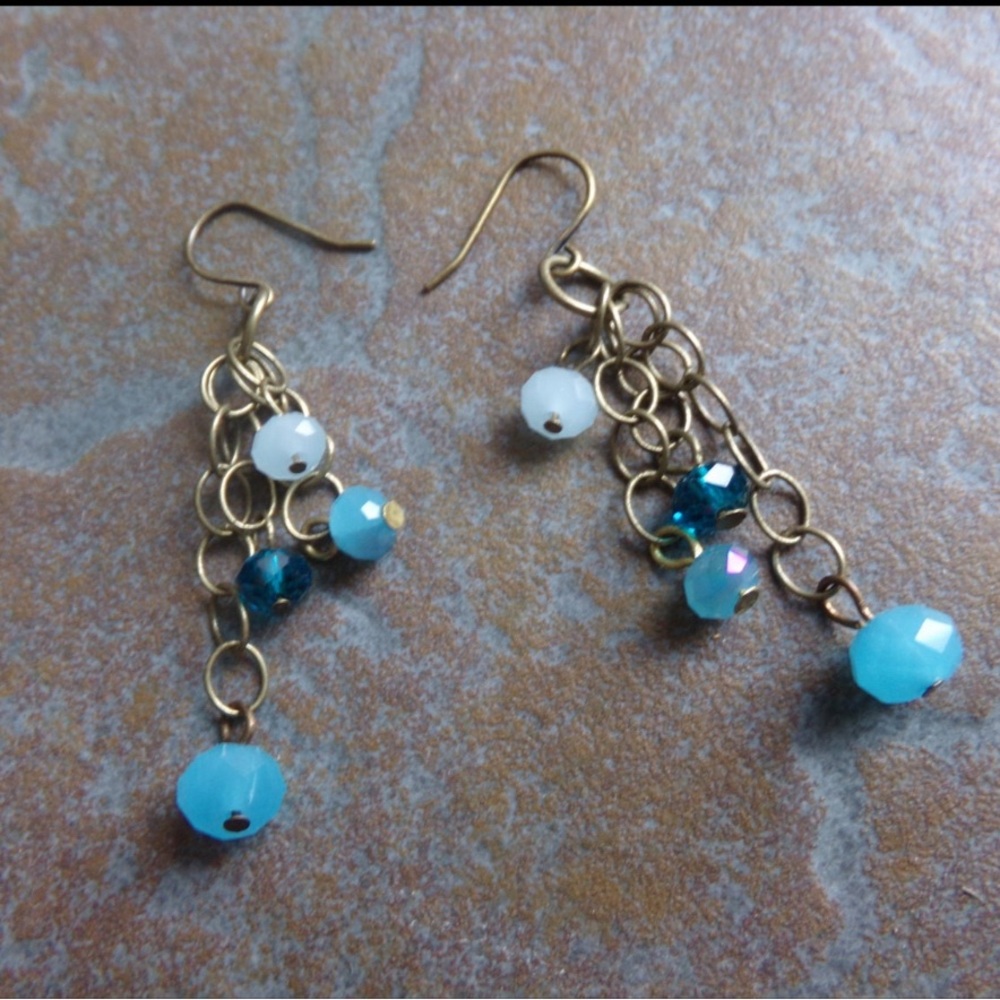 Cascading Brass Chain and Blue Glass Earrings